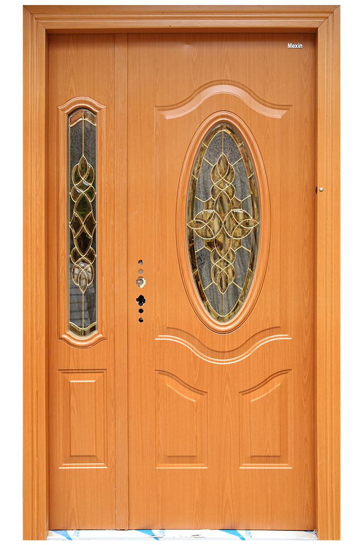 Film Coated Residential Steel Entrance Door - Wooden Finished Style - 4 Feet Double Door With Toughened Glass