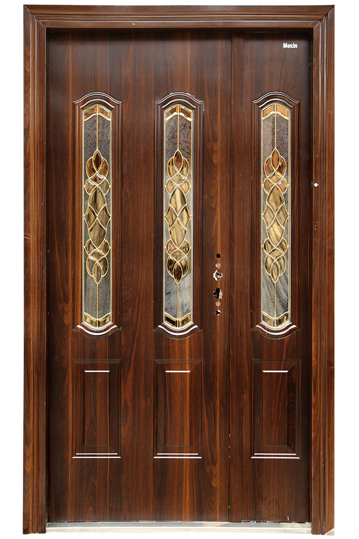 Film Coated Residential Steel Entrance Door - Wooden Finished Style - 4 Feet Double Door With Toughened Glass